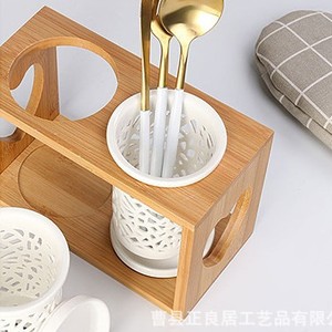 Support de rangement pour baguettes en bambou, organisateur multifonctionnel, égouttoir à ustensiles de cuisine et de bureau avec inserts en céramique - Product Image 3