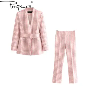 R21946S European stil temperament rosa karierten anzug frauen 2022 mode neue gürtel taille anzug + hohe taille hose 2pcs anzüge