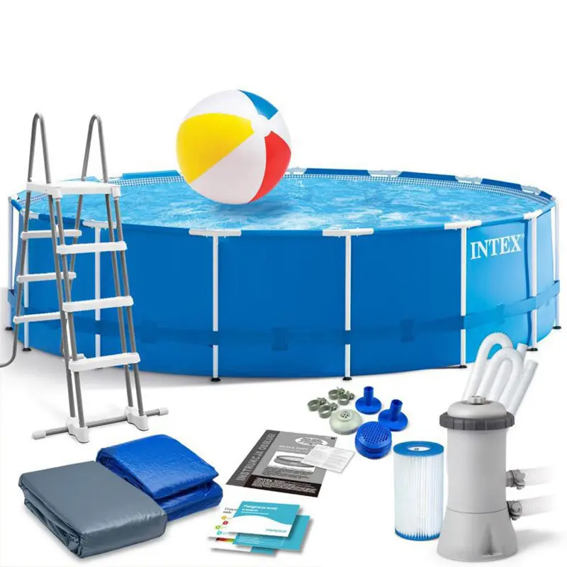 حمام سباحة عائلي بإطار ماء معدني أزرق اللون دائري فوق الأرض من INTEX مع مضخة 28242 457*122 سم بمساحة 14 قدمًا × 48 قدمًا