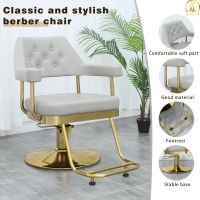 Chaise de coiffure moderne et élégante pour salon de coiffure, en cuir PU gris, avec cadre doré, base élargie, durable, rotation à 360 degrés, réglable en hauteur