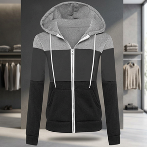 Sudadera con capucha y cremallera para mujer, con bloques de color, manga larga, tejida en poliéster y algodón, para otoño - Product Image 3