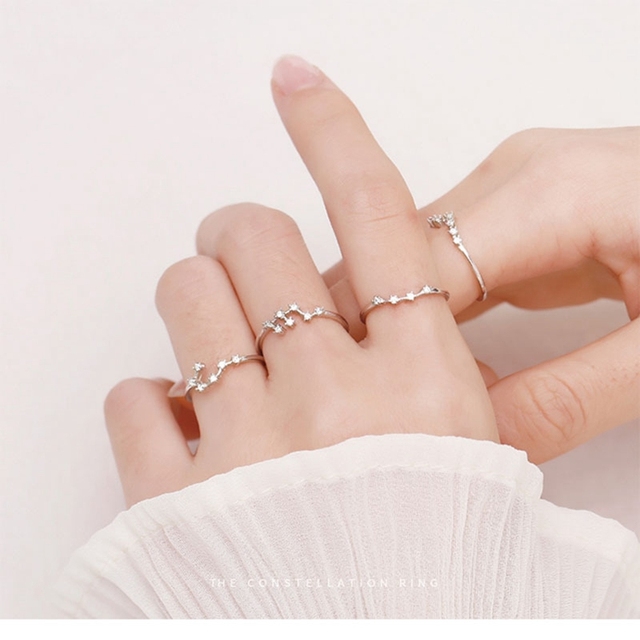 Fashion Birthday Gift Silver Plated Adjustable Cubic Zirconia Finger Jewelry 12 Constell Zodiac Rings for Women