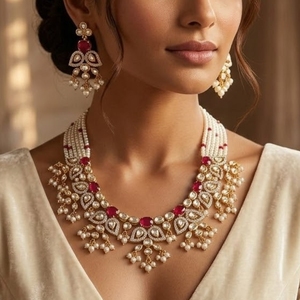Juego de Collar de Plata 925 de Lujo para Mujer con Piedras Rojas, Perlas Blancas y Trabajo Kundan, Joyería Nupcial India Tradicional con Aretes - Product Image 6