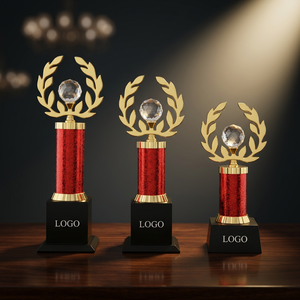 Trofeo de Cristal Grabado con Láser y Base de Metal Fundido a Presión, Modelo 673/A B C, Color Dorado y Columna Roja, para Premios Deportivos, de POOJA GIFT CORPORATION - Product Image 1