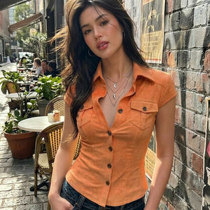 American Street Style Cargo <b>Shirt</b> Women Button Front Collared Top Multi Pocket Slim Fit Waist Cinched Casual Top - Product Image 1