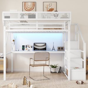 Lit mezzanine 194*141CM avec bureau et prise électrique, lit mezzanine avec escalier et éclairage pour enfants et adolescents, dortoir, ODM/OEM disponible - Product Image 2