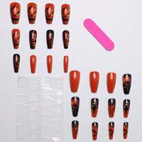 Faux ongles longs en forme de citrouille de dessin animé pour fête d'Halloween, couverture complète, pré-conçus, faits à la main, vente en gros
