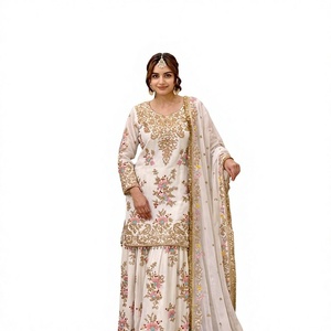 <b>White</b> Embroidered Modern Indian Pakistani <b>Women's</b> <b>Suit</b> Gold Floral Design Floor-Length Regular Fit Quick Dry <b>Wedding</b> Wear - Product Image 1