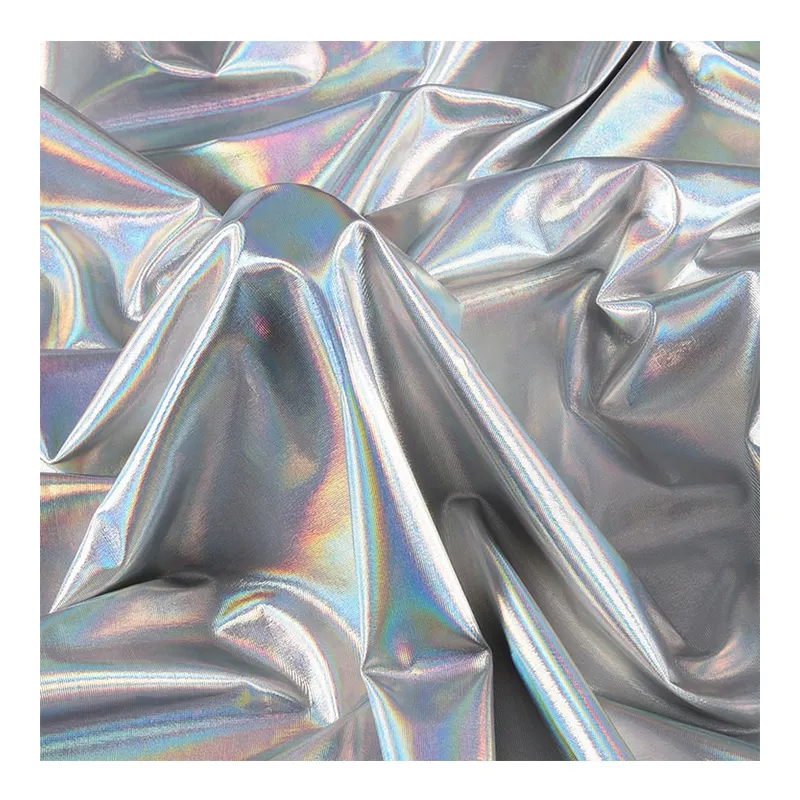 Cheap Price New Silver Foil 4 Way Shiny Stretch Fabric Popular Spandex Polyester Silver Bronzing Stage Dance Dress Cloth