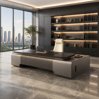Ensemble de bureau de direction en forme de L de luxe moderne en bois d'ébène avec plateau de travail en cuir, éclairage LED, armoire latérale, certifié CE, OEM personnalisé