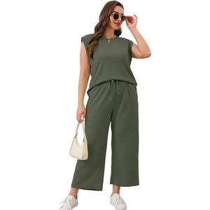 Conjuntos de dos piezas para mujer, informales, de verano, pantalones anchos, conjunto de descanso, sin mangas, cuello redondo, tejido transpirable. - Product Image 4