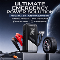 Power Bank 2-in-1 Starter Darurat Mobil 12V 6000mAh Logam Plastik ABS Pompa Udara 150psi Layar Digital Alat Bantu Darurat Mobil