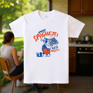 Maglietta promozionale More Spaghetti Less Upsetti bianca per adulti unisex con scollo rotondo e maniche corte - Product Image 3