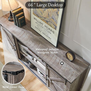 Meuble TV de style farmhouse gris délavé, centre de divertissement en bois rustique avec 4 tiroirs et porte coulissante de grange pour le salon - Product Image 2