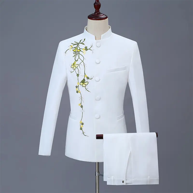 Túnica china de cuello levantado con bordado floral blanco para hombre, chaqueta de cuello redondo, pantalones, trajes Tang, 2 uds., novedad de 2022