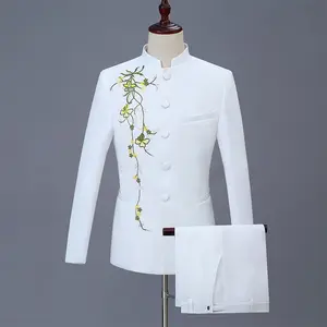 2022 nouveau blanc brodé floral col montant chinois tunique col rond 2 pièces blazer pantalon hommes Tang costumes