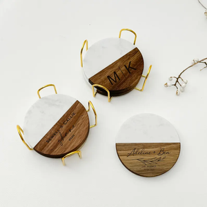 Sous-verres ronds et hexagonaux en bois et marbre d'acacia pour boissons, livraison gratuite aux États-Unis, ensemble de sous-verres en marbre et bois - Product Image 3