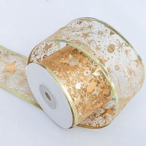 Ruban en organza brillant de haute qualité avec étoiles dorées de 6 cm et bordure filée pour emballage cadeau et décoration de Noël, 10 yards/rouleau - Product Image 3