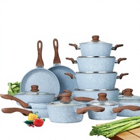Juego de Utensilios de Cocina de Aluminio Forjado Antiadherente de Lujo Moderno con Mangos de Madera, Tapas de Vidrio Templado, Compatible con Inducción, Ecológico