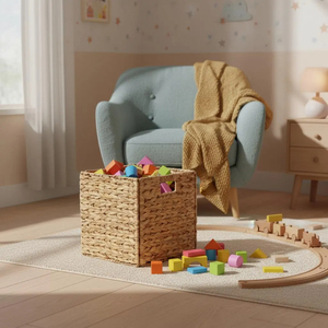 Panier en jacinthe d'eau naturel fait main, boîte de rangement décorative tressée, organisateur durable pour la décoration de la maison et du bureau - Product Image 1