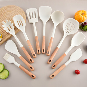 Ensemble de spatules en bois de hêtre et silicone, 10 pièces, résistantes à la chaleur, antiadhésives, ustensiles de cuisine, ensemble d'outils de cuisson - Product Image 1