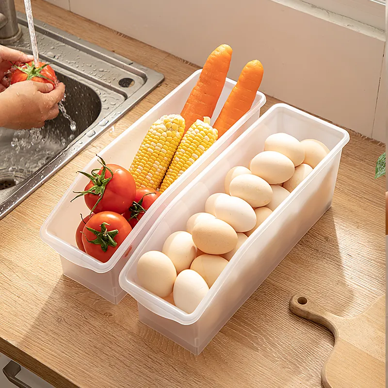 पारदर्शी प्लास्टिक फ्रिज आयोजक रसोई अंडा भंडारण बॉक्स Stackable रेफ्रिजरेटर प्लास्टिक बिन भंडारण के साथ पहियों