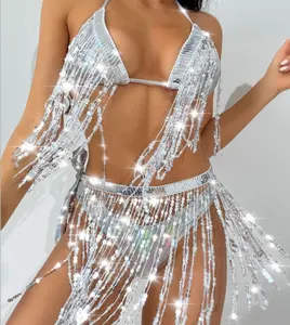 Nightclub bar striptease performance dress women's tassel glittering sexy bikini 3-piece set