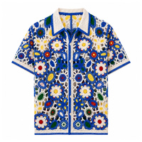 Chemise en crochet pour homme 100% acrylique, dentelle florale ajourée, tricotée, manches courtes, boutonnée, été, plage, resort, vente en gros, OEM