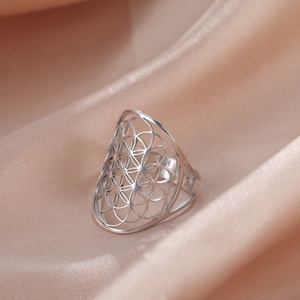 바이킹 플라워 스테인리스 타원형 기하학 오픈 반지 빈티지 커플링 - Product Image 1