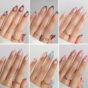 Manicure Press on <b>Nails</b> <b>Set</b> Spring Cute Artificial Press on <b>Nail</b> Wholesale Short Almond Checkerboard French False <b>Nails</b> Press on - Product Image 4