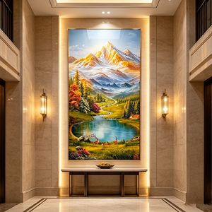 Cuadro de porcelana de cristal LED personalizado al por mayor con diseño de ciervo en valle alpino, arte de pared vertical con paisaje forestal y río al amanecer, para colgar en la pared. - Product Image 5
