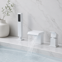 Robinet de baignoire Huagao blanc sur pied en laiton massif, design contemporain, 1 trou, bec de douche effet pluie, chaud/froid, double poignée, valve en céramique