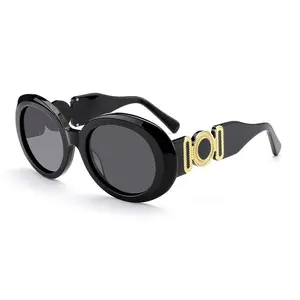 Kacamata hitam Oval Logo logam kustom merek desainer kacamata hitam asetat perlindungan Tac Uv400 untuk pria dan wanita