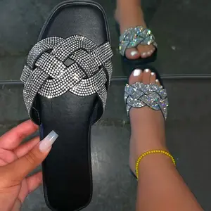 SD-265 ultime commercio all'ingrosso paillettes Treccia in rilievo a buon mercato di tessitura croce strap open toe piatto pantofola per le donne sandali da spiaggia all'aperto