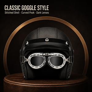 Casque de <span class=keywords><strong>moto</strong></span> rétro noir à face ouverte avec lunettes foncées, visière incurvée et côtés rembourrés pour la conduite - Product Image 3