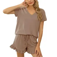 गर्मियों में दो टुकड़े कपास Loungewear लघु आस्तीन महिलाओं के लिए आरामदायक Homewear सेट नरम ठोस रंग पाजामा
