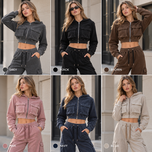 Custom women <b>acid</b> <b>wash</b> hooded crop jacket cargo wide leg pants set zip up hoodie trousers 2 piece casual streetwear <b>tracksuits</b> - Product Image 3