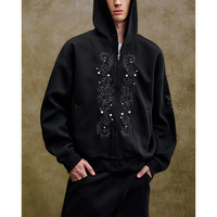Sweat à capuche pour homme personnalisé de haute qualité avec perlage, capuche vintage, fermeture éclair, poche latérale ample, broderie, pull en coton éponge