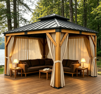 Gazebo d'extérieur en bois de cèdre avec toit rigide, rideaux latéraux, toit en métal à double niveau imperméable, auvent de terrasse pour balcon