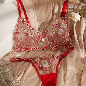 New French Lace Flower Embroidered Hot Girl Gather <b>Thin</b> <b>Thin</b> Sexy Mesh Lingerie Set for Women - Product Image 1