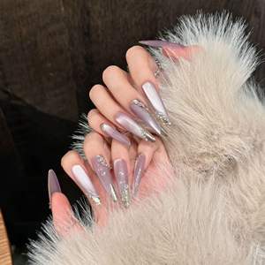 Ongles à presser effet œil de chat, style manucure française, avec strass violet scintillant – Nouveauté très prisée - Product Image 2