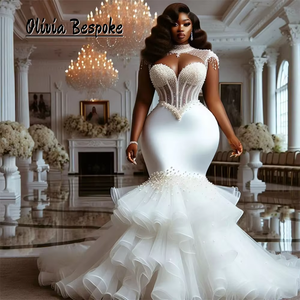 Atractivos Vestidos de Novia con Cuentas y Perlas 2025, Estilo Aso Ebi, Volantes en Capas, Cuello Alto, Sirena Africana, Blanco, Recepción, Personalizado - Product Image 4
