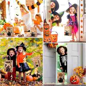 Bolsa de Regalo de Papel Kraft Reciclable OEM para Halloween con Asa Larga, Diseño de Calabaza y Castillo, Adhesivo de Halloween, para Velas y Dulces - Product Image 5