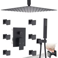 Système de robinetterie de douche de luxe pour hôtel en laiton noir de 16 pouces avec commande thermostatique, barre coulissante, pomme de douche carrée effet pluie/cascades