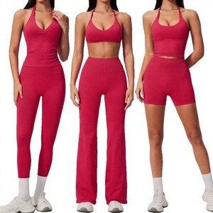 Custom Logo Front Halter Tank Tops High Waist Flare Yoga Pants 6-Piece Fitness Set Quick Dry Outdoor Sports <b>Bra</b> Plus Size - Product Image 4