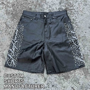Fabricante OEM de <span class=keywords><strong>pantalones</strong></span> <span class=keywords><strong>cortos</strong></span> de sarga encerada de algodón de alto gramaje para hombre, personalizados, con pedrería y cristales laterales, estilo streetwear - Product Image 1