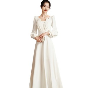 <b>White</b> V-Neck Satin Evening Gown Long Sleeve A-Line <b>Wrap</b> Dress For Banquet And Events - Product Image 5