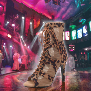 Chaussures de danse jazz à imprimé léopard, talon aiguille de 9,5 cm, bottes de danse à lacets, maille cloutée, chaussures de performance latine - Product Image 3