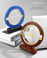 Trophée de luxe au design créatif avec base en marbre gravée au laser, plaque de récompense en verre rond marron, certificat d'honneur VIP, cadeau promotionnel