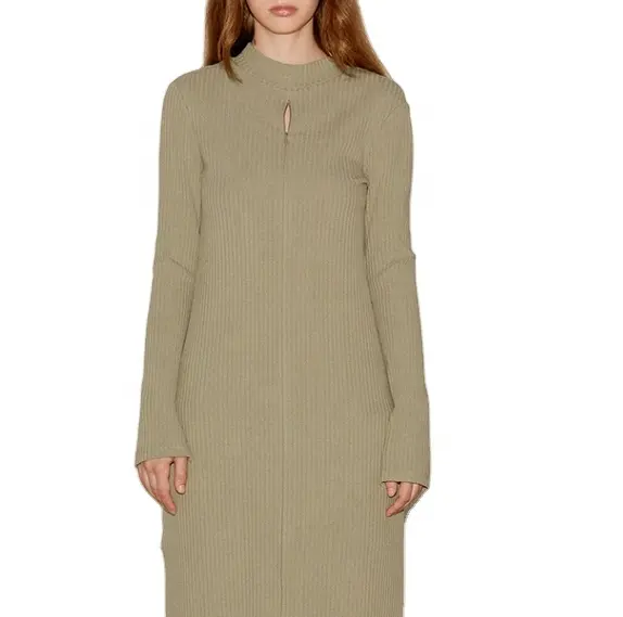 Customized OEM ODM High Quality Long Sleeve Women's Sexy Hollowed out Cotton Knitted Dress Half Collar Calf Length Bottom Dress